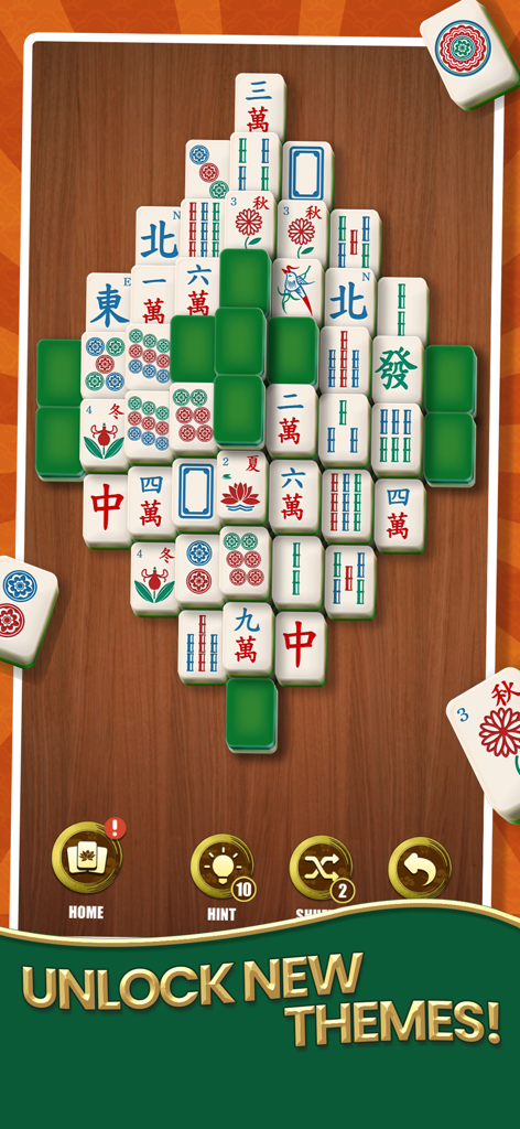 Mahjong Solitaire - Master - Fichas clásicas de Mahjong dispuestas en un diseño de puzle sobre un fondo de madera con una indicación para desbloquear nuevos temas.