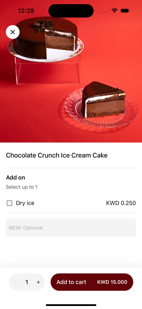Petra Food mobile app product screen for a Chocolate Crunch Ice Cream Cake with an add-on option for dry ice and a button to add to cart
