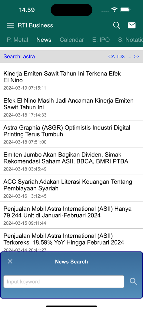 News feed in the RTI Business app showing Indonesian stock market headlines in Bahasa Indonesia