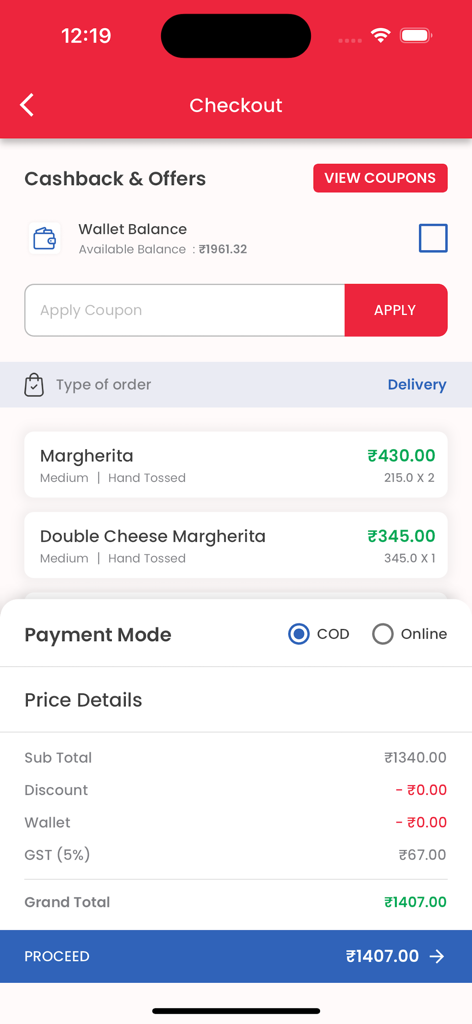 Rominus Pizza - Rominus Pizza app checkout screen showing order summary and price details