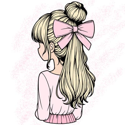 realistic girl  with hip length hair a bun and a big bow on the back of head