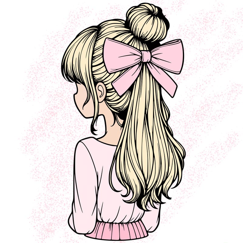 realistic girl  with hip length hair a bun and a big bow on the back of head