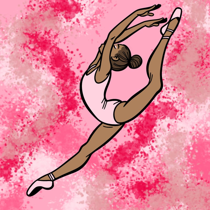 gymnast doing a leap in a leotard with a bent back leg