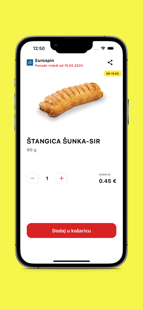 Mobile app screen showing a discount on a ham and cheese pastry with a button to add to the shopping cart.