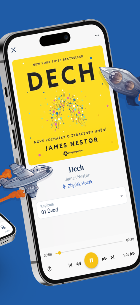 ProgresGuru mobile app audiobook player interface displaying a book cover and playback controls on an iPhone