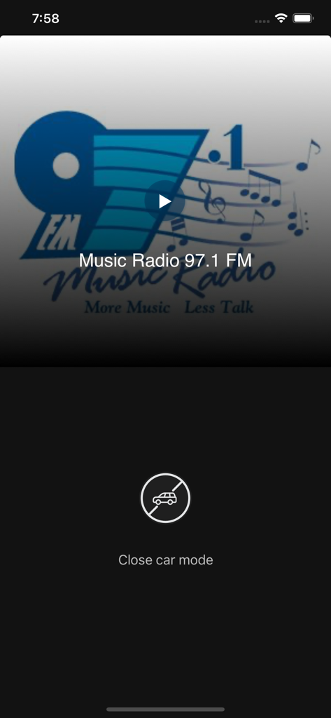 Tela do modo carro do aplicativo Music Radio 97.1 FM