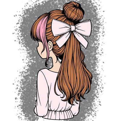 realistic girl  with hip length hair a bun and a big bow on the back of head