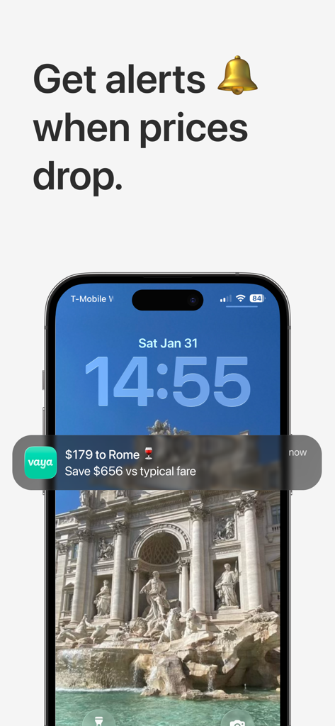 Vaya app flight deal notification on an iPhone lock screen showing a cheap flight to Rome