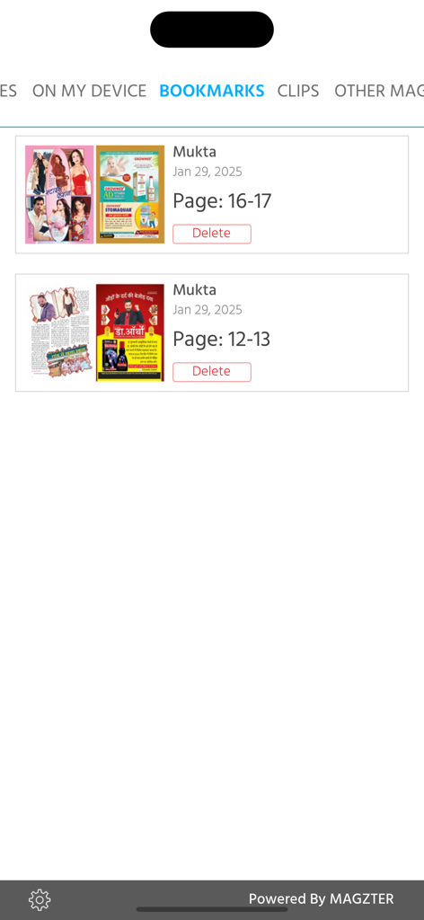 Mukta Magazine - A list of saved magazine pages in the bookmarks section of the Mukta app.