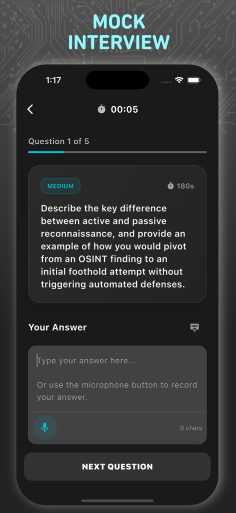 Cybersecurity Quiz App - A mock interview screen in the Cybersecurity Quiz App displaying a technical question about active and passive reconnaissance with a text input field and voice recording option.