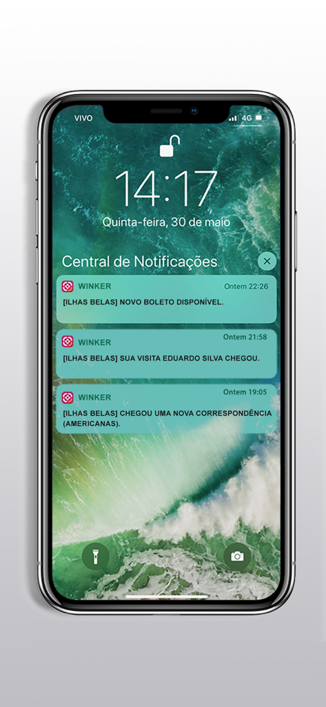 IPhone screen with Winker app notifications for visitor access and package arrival