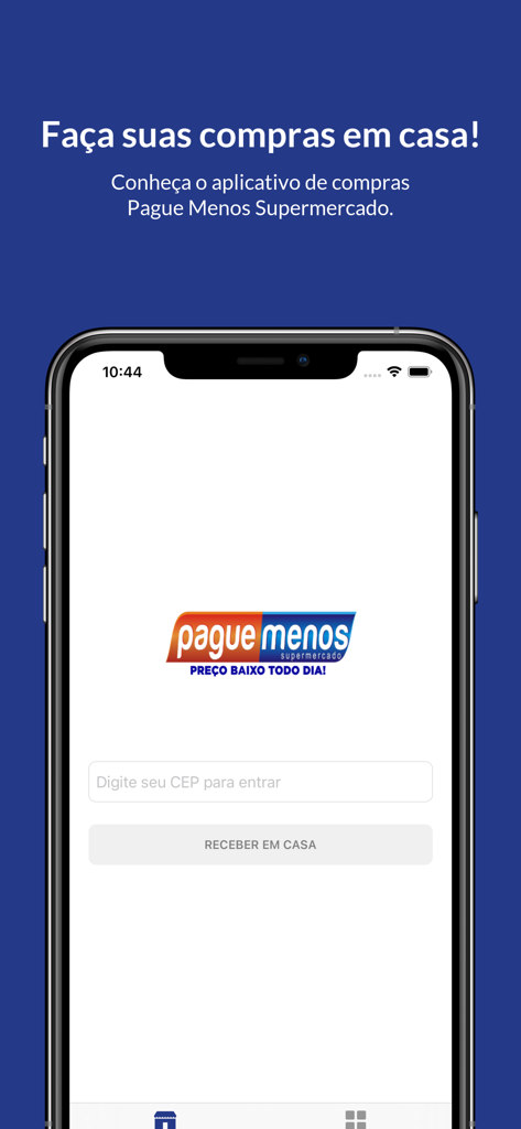 Welcome screen of the Pague Menos Supermercado app in Portuguese featuring a zip code entry field and a button for home delivery.