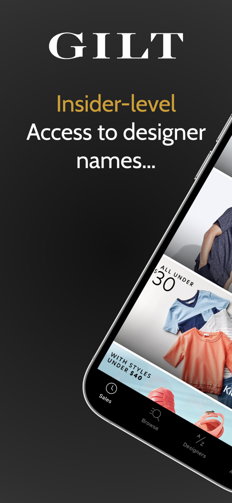 Gilt - Shop Designer Sales - Gilt mobile App-Bildschirm mit Designer-Modeangeboten und Text für Insider-Zugang