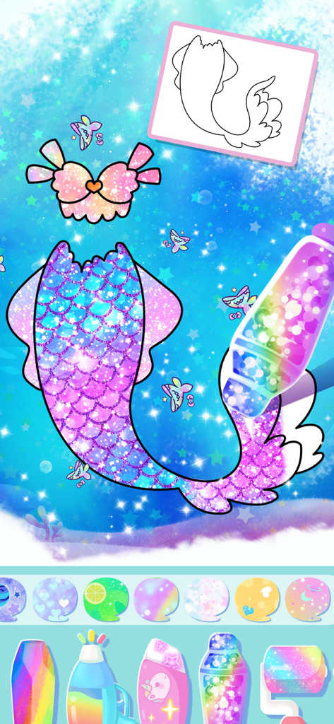 A digital coloring page of a mermaid tail being decorated with sparkly rainbow glitter