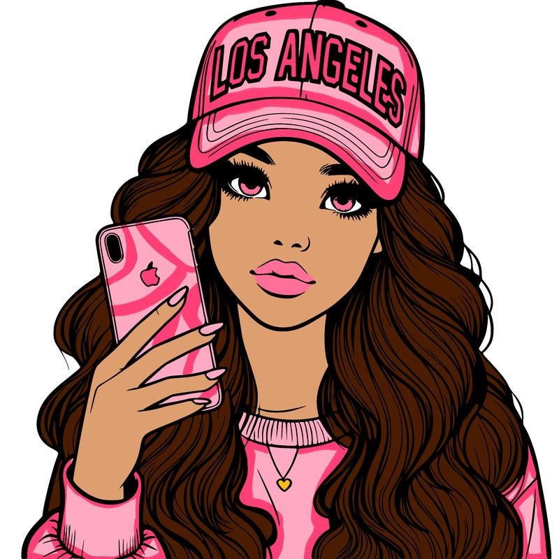 realistic beautiful girl wearing los ángeles cap holding an iphone