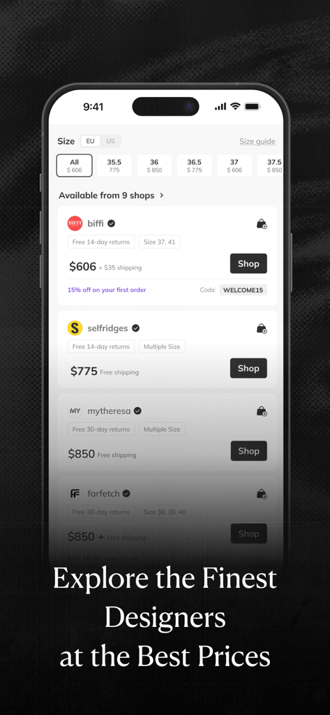 REVERSIBLE - Fashion, Curated - REVERSIBLE app screen showing price comparisons for designer fashion items across multiple global retailers like Selfridges and Mytheresa.