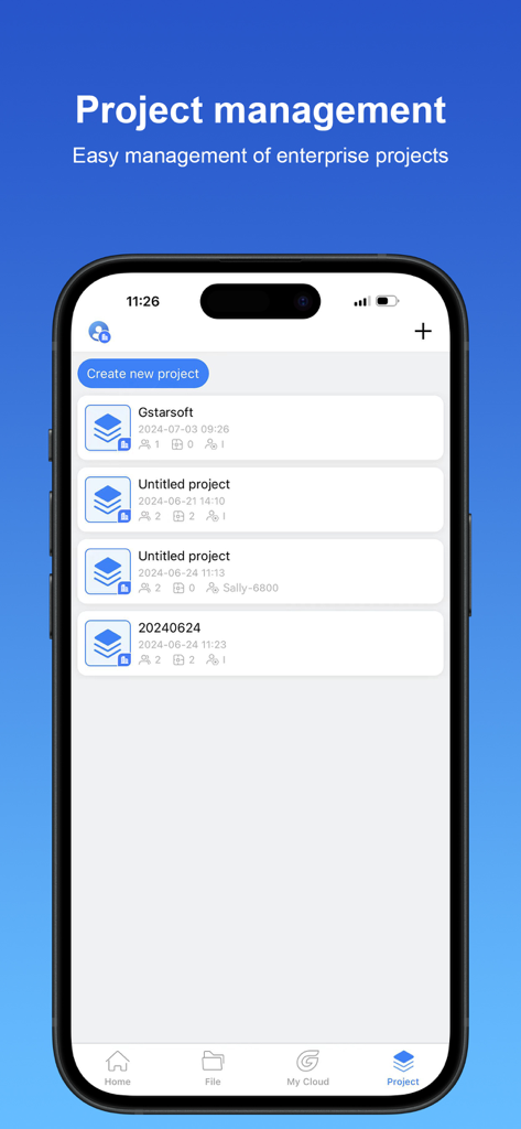GstarCAD - GstarCAD mobile app project management screen showing a list of CAD projects and a create new project button