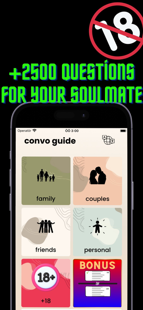 Die Hauptoberfläche der Convos-App mit verschiedenen Gesprächskategorien für Paare und soziale Gruppen.