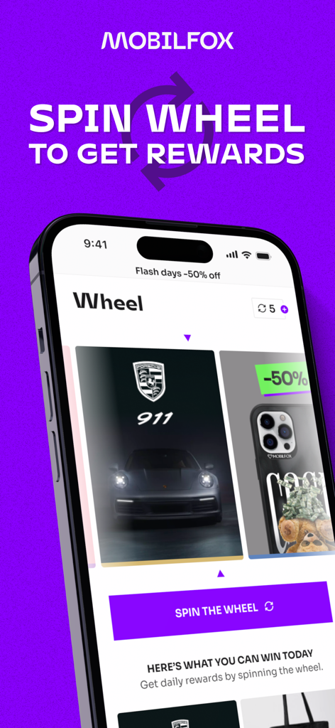Mobilfox app showing a gamified spin wheel feature to win prizes and discounts