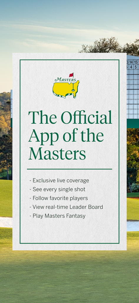 The Masters Tournament - Pantalla introductoria de la aplicación oficial de The Masters que muestra los aspectos más destacados como la cobertura en vivo de cada golpe y el juego de fantasía