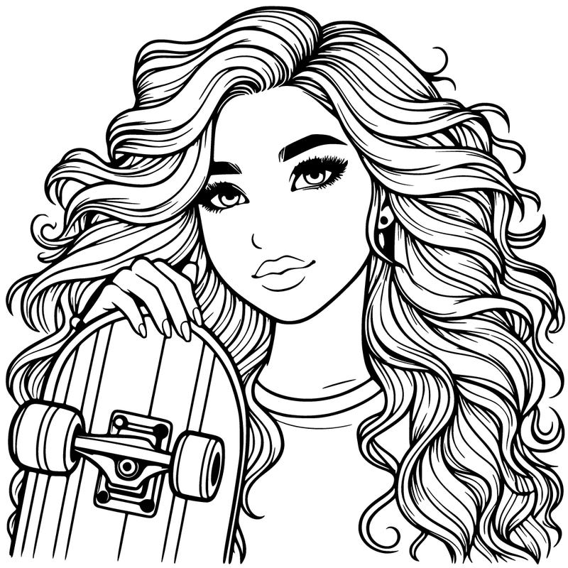 realistic girl with a skateboard with wavy hair