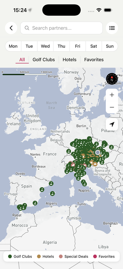 FAIRWAY 2 HOTEL - Mapa interativo mostrando clubes de golfe e hotéis parceiros na Europa