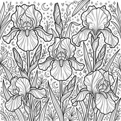 Discover the majestic beauty of Tall Bearded Irises in this detailed coloring page, specially crafted to captivate the imagination of teens. Immerse yourself in a garden of intricate blooms and whimsical celestial details, perfect for hours of creative relaxation.