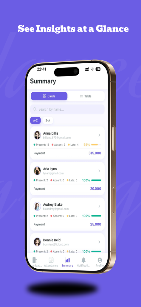 Attendance Manager 2 - Attendance Manager 2 summary dashboard showing individual member attendance stats and payment records