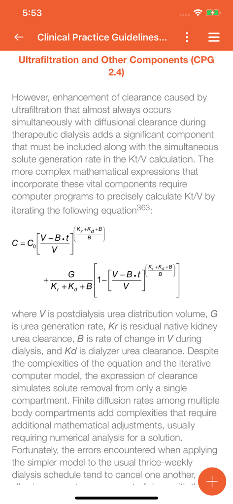 A clinical practice guidelines page in the NKF KDOQI app showing an ultrafiltration formula for dialysis clearance