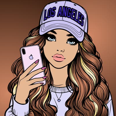 realistic beautiful girl wearing los ángeles cap holding an iphone