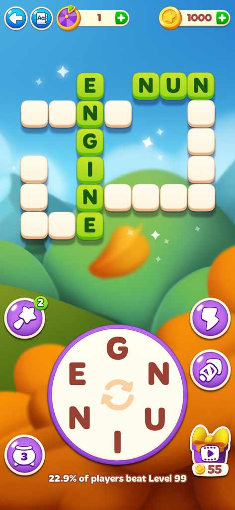 Word Spells: Game for Seniors - Gameplay-Bildschirm der Word Spells App mit einem Kreuzwortgitter und einem Buchstabenrad für das Gehirntraining.