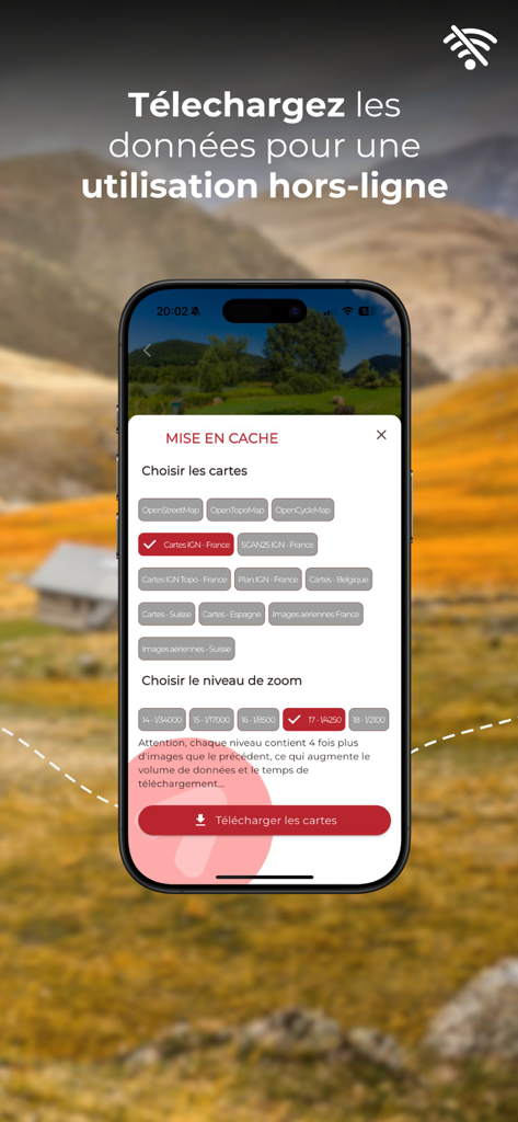 Trail Connect - Interface of Trail Connect app showing offline map selection and zoom level options for trail running.