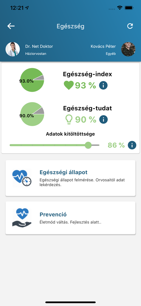 Mobile app dashboard showing health index and health awareness scores with progress charts.