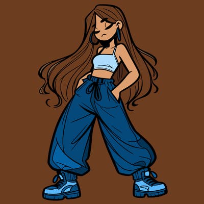girl in baggy pants crop top and long hair