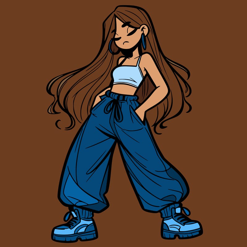 girl in baggy pants crop top and long hair