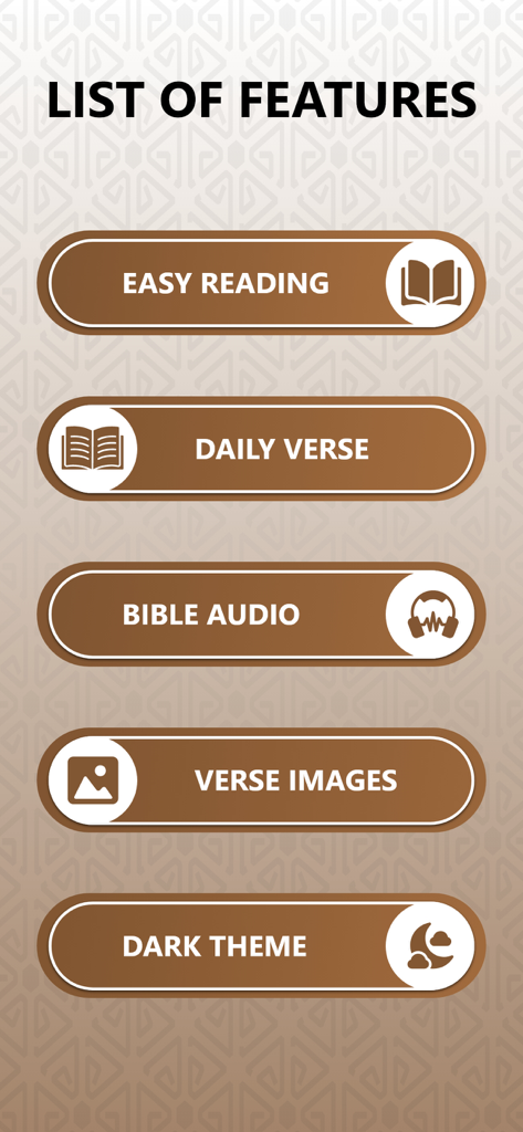 A list of features for the Good News Bible app including Bible audio, daily verses, and dark theme.