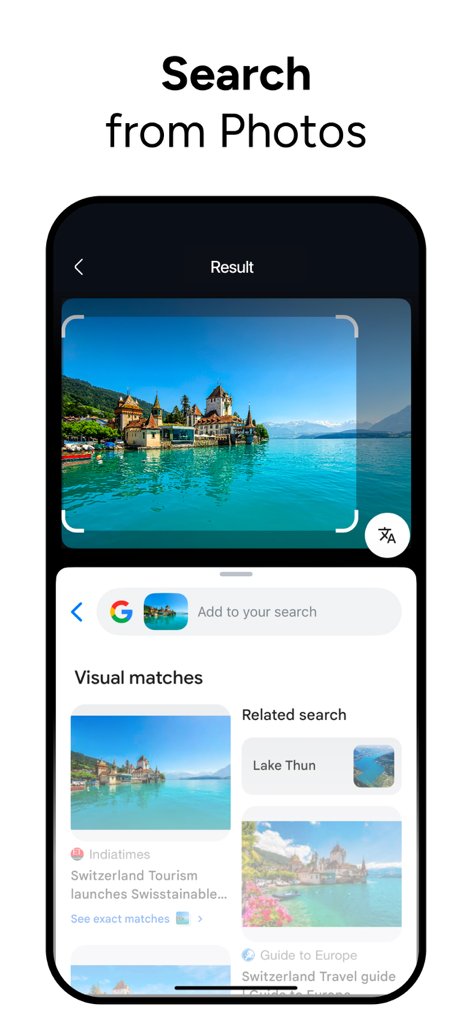 Una pantalla móvil mostrando la aplicación de búsqueda inversa de imágenes identificando un castillo en un lago con coincidencias visuales e información de viaje relacionada.