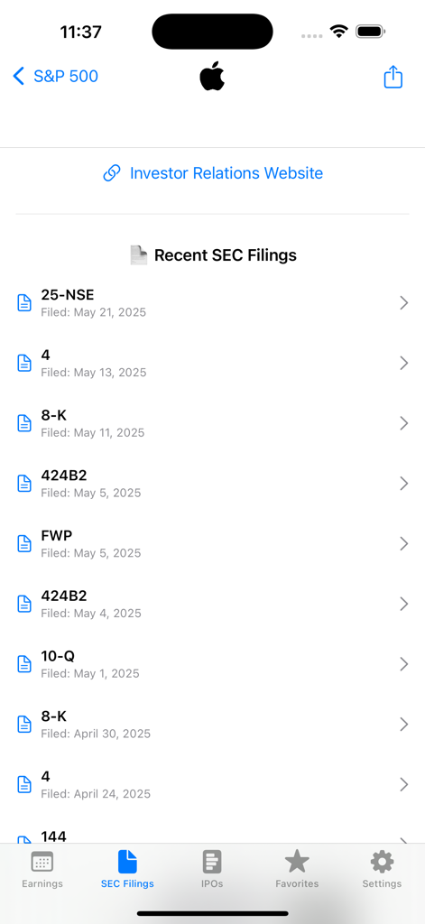 Earnings Whisper - Una pantalla móvil que muestra presentaciones recientes ante la SEC para Apple Inc, incluidos los formularios 8-K y 10-Q.