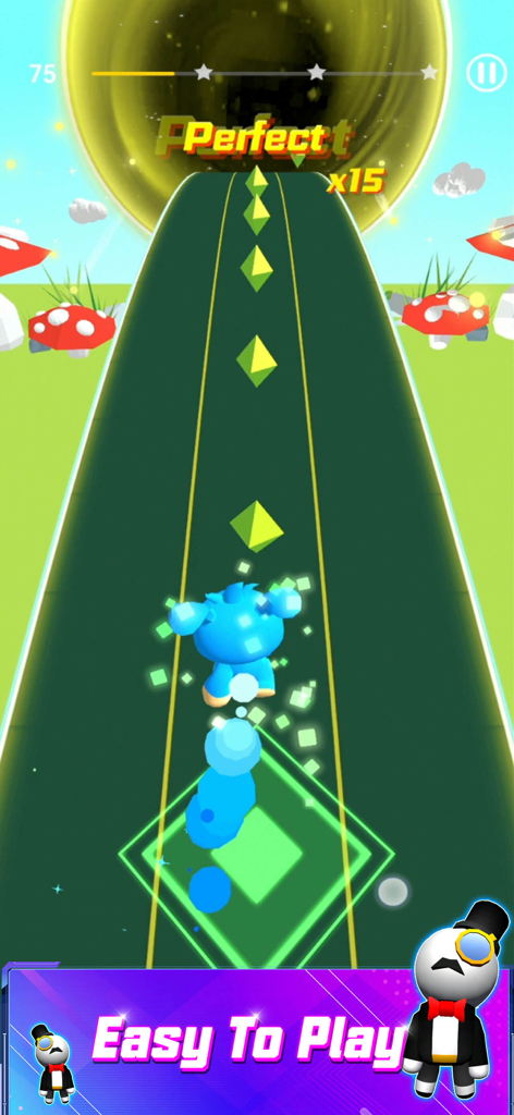 A blue character rolling on a neon track in a music rhythm game with mushrooms and a yellow portal