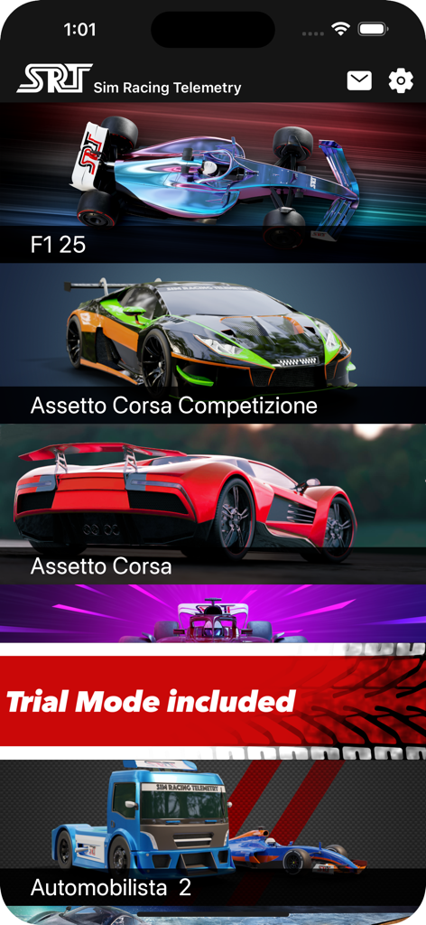 Menu principal de l'application Sim Racing Telemetry montrant une liste de jeux de course supportés comme F1 25 et Assetto Corsa