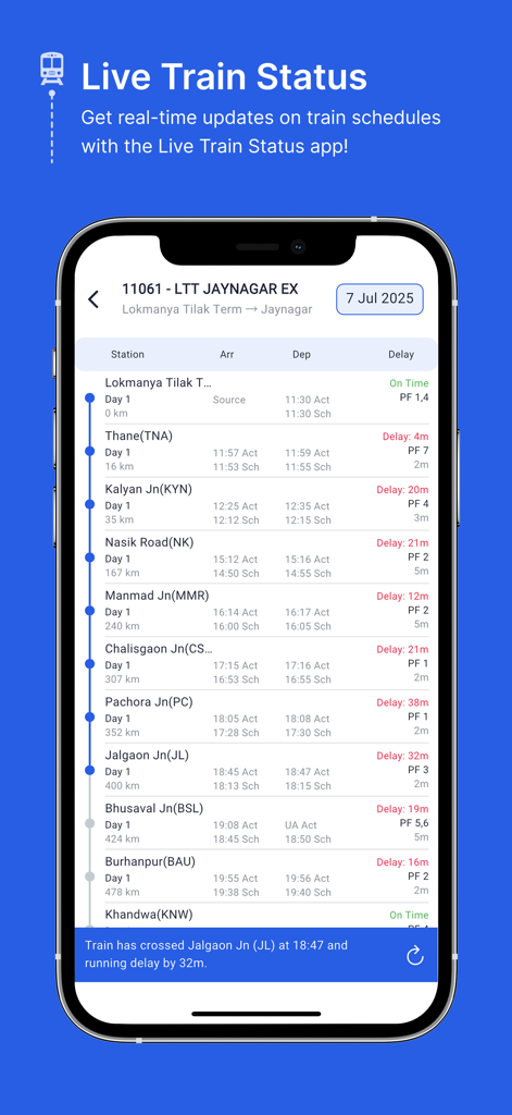 Where is my Train Live Status - iPhone上のインド鉄道の列車に関するライブステータスと駅の遅延を表示するWhere is my Trainアプリのインターフェース