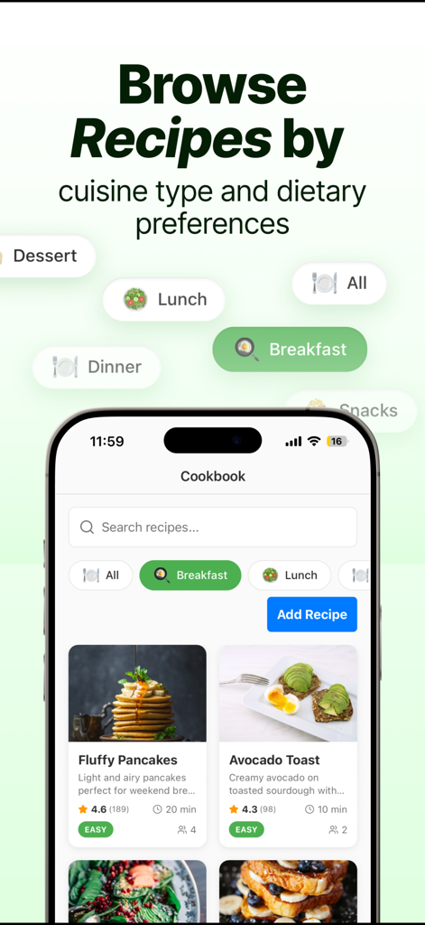 Spachula: ai recipes & pantry - Spachula app Cookbook screen showing recipe cards for pancakes and avocado toast with category filters for breakfast and lunch