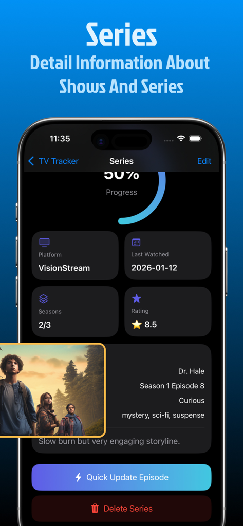 StarTV app interface showing TV series watch progress ratings and personal notes