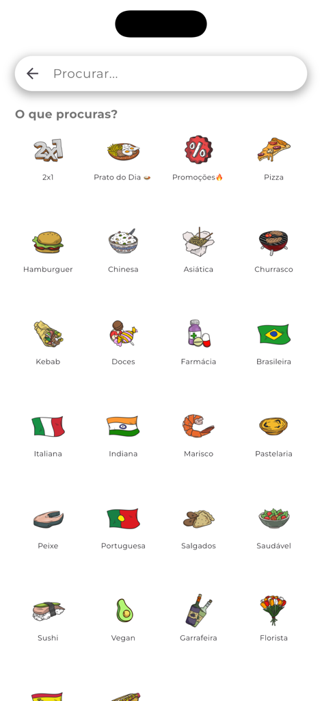 Xicos - Xicos mobile app interface showing various delivery categories including pizza burger and pharmacy