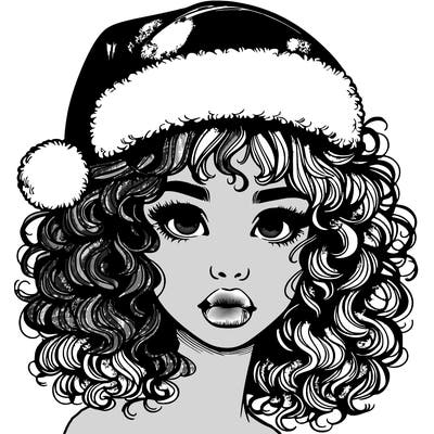 realistic girl with a santa hat curly hair and lips