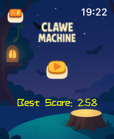 Watch Games - Claw Machine - Start menu of the Claw Machine game for Apple Watch featuring a night forest theme and best score display.