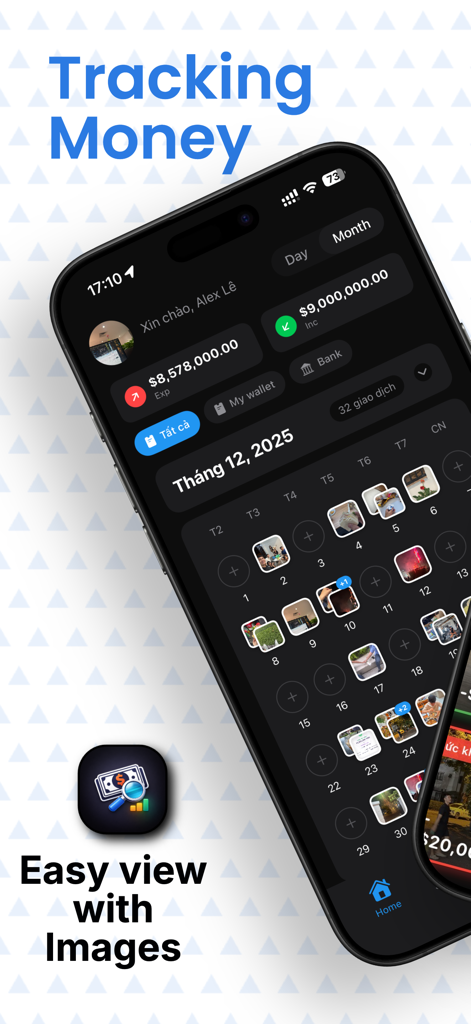CapMoney app dashboard showing image based expense tracking in a calendar view