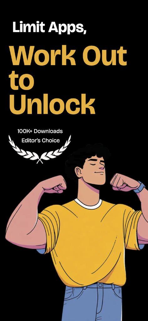 Reptime:App Blocker & Exercise - An illustration of a muscular man flexing with the text Limit Apps Work Out to Unlock