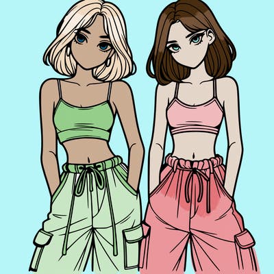 two girls with crop top with baggy pants