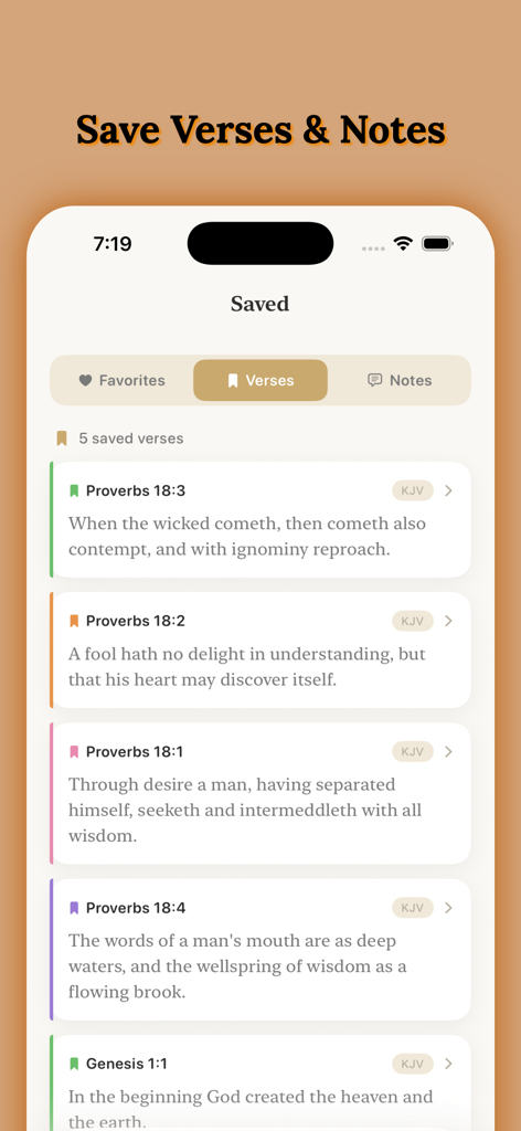 Bible Plus: Pray, Study & Read - Un écran d'application mobile montrant une liste de versets bibliques enregistrés et des notes d'étude dans une interface utilisateur propre.
